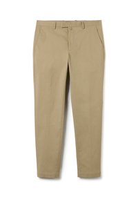 Pantalones slim-fit beige con presillas para cinturón, bolsillos laterales y cierre de cremallera frontal sobre un fondo blanco.