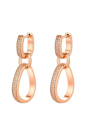 Creolen aus Roségold mit einem verbundenen Design, das entlang der Außenkante jedes Creols eine Reihe klarer Steine aufweist.