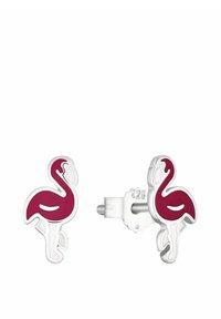 Orecchini a forma di fenicottero in argento con accenti di smalto rosso, che mostrano un design dettagliato che cattura la forma e le caratteristiche dell'uccello.