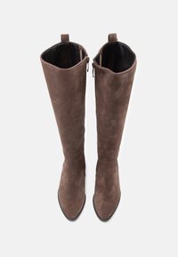 Egy pár magas, barna velúr csizma hegyes orral, fekete bélésű, oldalán cipzárral, bemutatva felülről elölről, fehér háttéren.