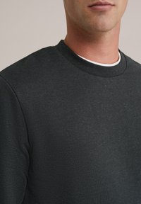 Fleece griș deschis cu guler și manșete ribbrate, fabricat din bumbac periat, având o textură netedă și un design simplu.