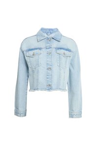 Giacca cropped in denim azzurro chiaro con chiusura a bottoni, colletto e due tasche sul petto. Orlo sfrangiato e maniche lunghe con polsini a bottoni.