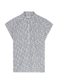 Vaaleanharmaa lyhythihainen pusero, jossa on kukkakuvio. Edessä napitettava ja klassinen kaulus. Valmistettu kevyestä kankaasta.