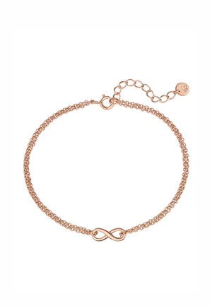 Armband aus Roségold mit einem doppelten Kettendesign und einem Charm in Form eines Unendlichkeitssymbols. Glatte Textur mit Karabinerhaken und verstellbarer Kette.
