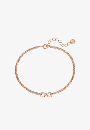 Rose gold bracelet featuring a double chain design with an infinity symbol charm. Smooth texture with a lobster clasp and adjustable chain.