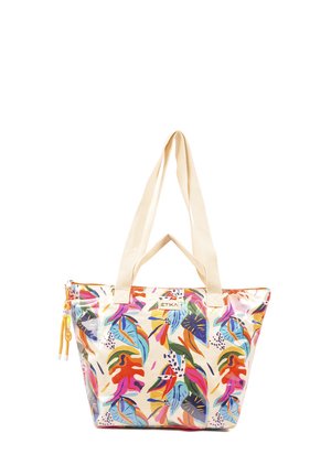 Bolsa tote transparente con un patrón de hojas coloridas. Fondo crema, cremallera amarilla en contraste y asas de tela beige.