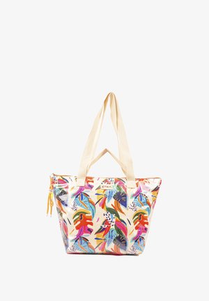 Bolsa tote transparente con un patrón de hojas coloridas. Fondo crema, cremallera amarilla en contraste y asas de tela beige.