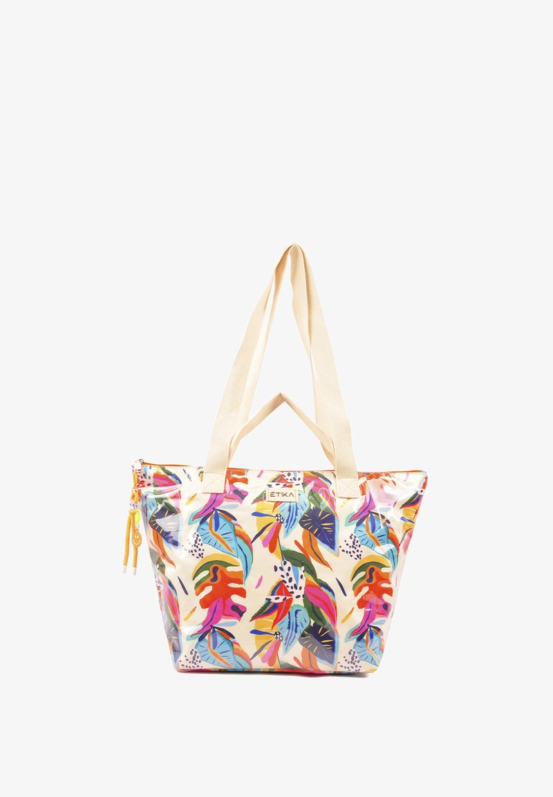 Bolsa tote transparente con un patrón de hojas coloridas. Fondo crema, cremallera amarilla en contraste y asas de tela beige.