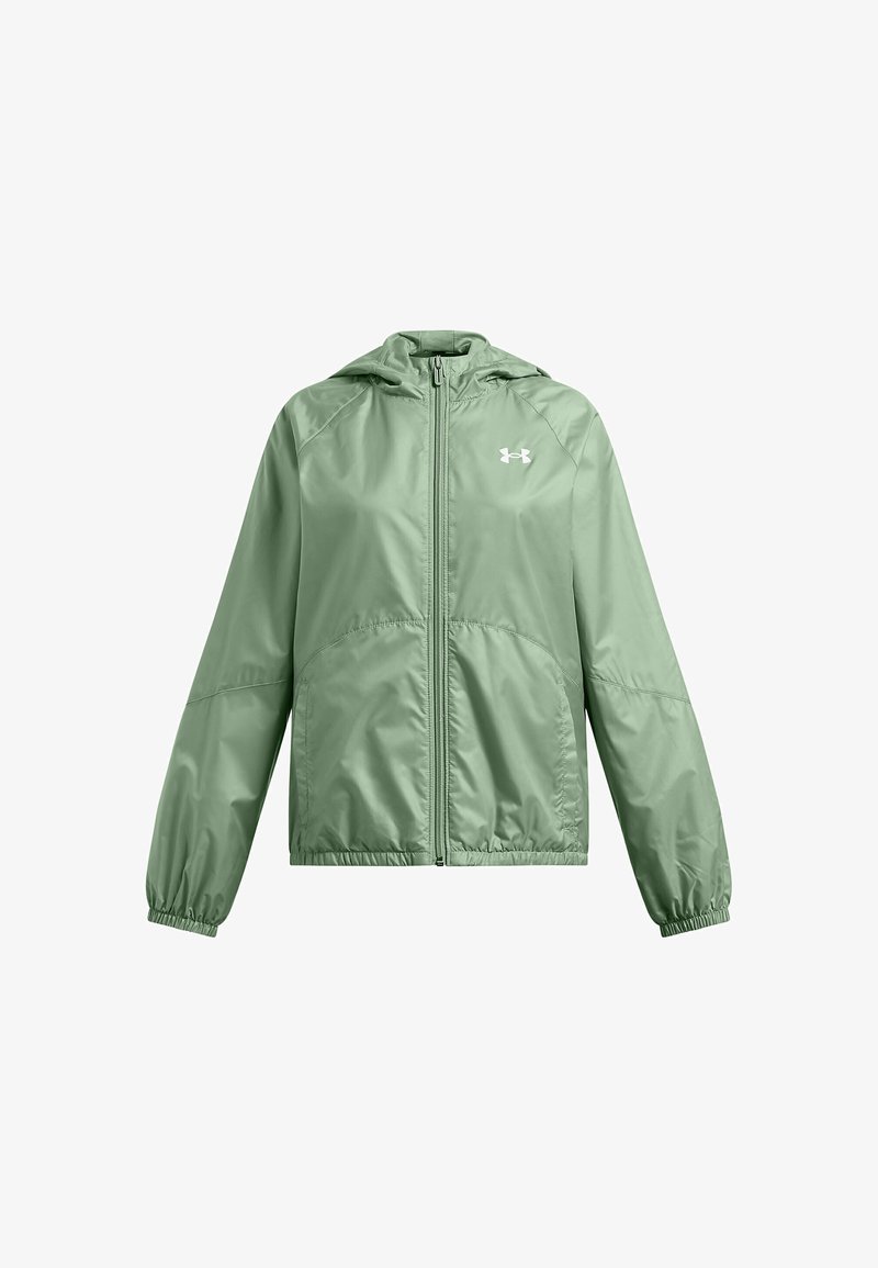 Ljusgrön, huva jacka i vindjacka stil gjord av ett mjukt, lätt tyg. Har en full dragkedja och elastiska ärmslut. Vit logga på bröstet.