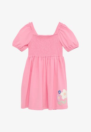 Rosa Kurzarmkleid mit gerüschtem Oberteil und schwingendem Rock. Verfügt über ein Blumenmuster in Blau, Weiß und Pink nahe dem Saum. Aus weichem Baumwollmaterial.