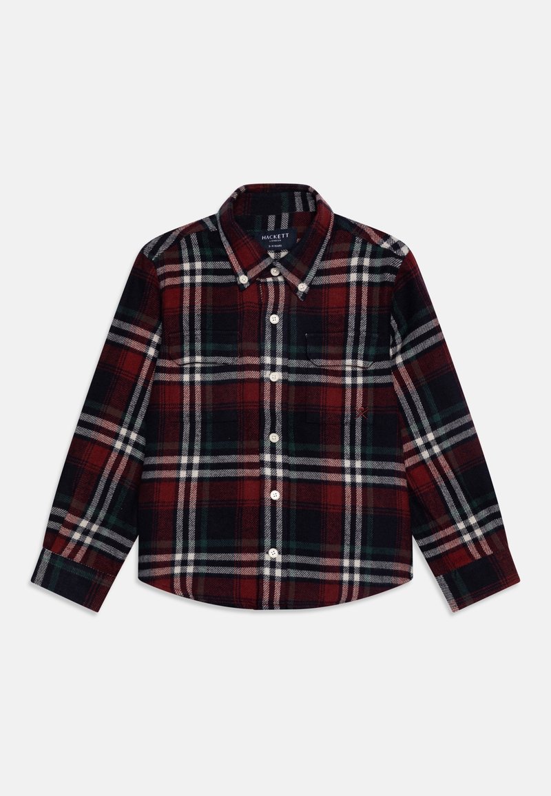 Rød og sort ternet skjorte med lange ærmer, knappet krave, brystlomme og hvide knapper. Lavet af blødt, struktureret stof.