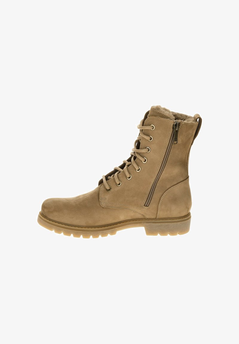 Botas de ante color marrón claro con cordones, cremallera lateral, forro de piel de oveja, suela de goma resistente y diseño de punta redonda. Adecuadas para climas fríos.
