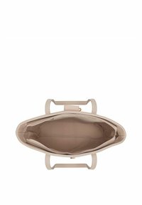 Beżowa torba tote z dwiema solidnymi uchwytami, posiadająca przestronną wnętrze, gładki materiał oraz jedną zamykaną na zamek komorę dla bezpiecznego przechowywania.