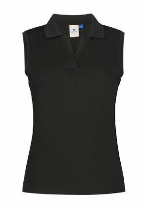 Zwarte mouwloze poloshirt met een geribbelde textuur, voorzien van een kraag en een subtiele knoopsluiting. Ontworpen voor een aansluitende pasvorm.