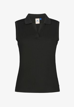 Zwarte mouwloze poloshirt met een geribbelde textuur, voorzien van een kraag en een subtiele knoopsluiting. Ontworpen voor een aansluitende pasvorm.