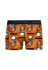 Boxers pour hommes avec un motif orange et des graphismes de crânes noirs, des accents bleus et une taille noire avec le logo "JACK & JONES".
