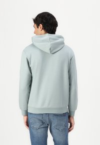 Hoodie azul claro com capuz ajustável, punhos e bainha canelados. Feito de tecido macio, combinado com jeans azuis, visto de trás.