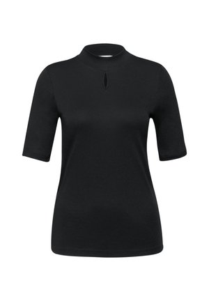Sort t-shirt med korte ærmer, høj hals og en lille keyhole-detalje foran. Lavet af blødt, strækbart stof.