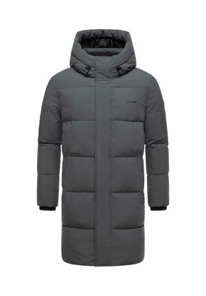 Graue gepolsterte Jacke mit Kapuze, großen quadratischen Steppnähten, schwarzen Akzenten an den Bündchen und einem Frontreißverschluss.