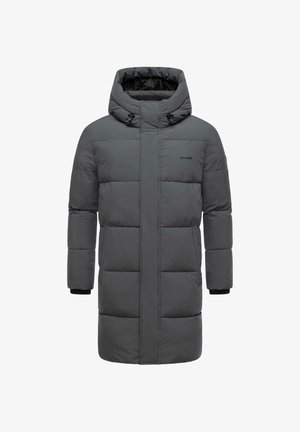 Graue gepolsterte Jacke mit Kapuze, großen quadratischen Steppnähten, schwarzen Akzenten an den Bündchen und einem Frontreißverschluss.