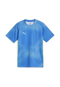 Sinine sportlik T-särk lühikeste varrukatega, millel on täppidega muster, helesinised detailid ja Puma logo rinnal.