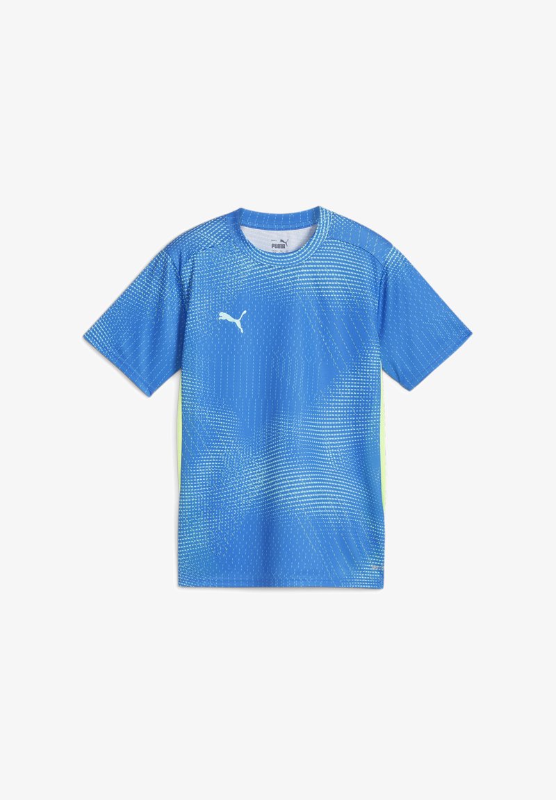 Modrá sportovní tričko s krátkým rukávem, s tečkovaným vzorem, světle zelenými akcenty a logem Puma na hrudi.