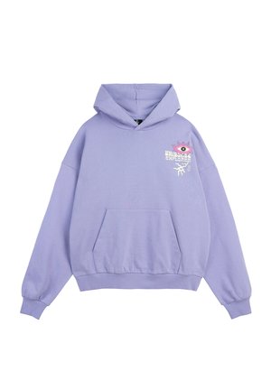 Fioletowa bluza z kapturem z kieszenią z przodu, długimi rękawami i różową grafiką oka nad napisem „Unicorn Explorer” na lewej piersi.