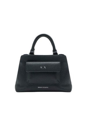 Borsa a mano in pelle nera strutturata con manici superiori, tasca frontale con patta con logo A|X in rilievo e logo "Armani Exchange" al centro in basso.