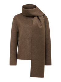 Rudas vilnonis paltas su aukštu apykakle ir pritvirtintu šaliku. Išskirtinis švarus, minimalistinis dizainas, tiesus kirpimas ir vienas mygtuko užsegimas.