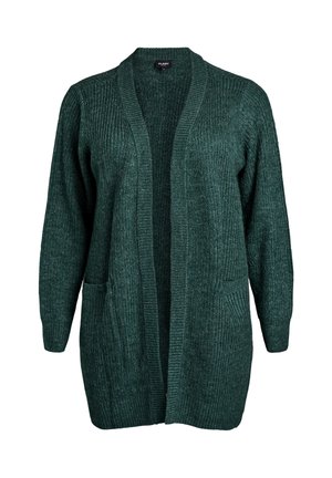 Grøn strikket cardigan med lange ærmer, åben front, ribbet tekstur og to forlommer. Velegnet til afslappet lagdeling.