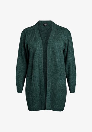 Zeleni pleteni kardigan z dolgimi rokavi, odprto spredaj, z ribanim teksturo in dvema sprednjima žepoma. Primeren za sproščeno plastenje.