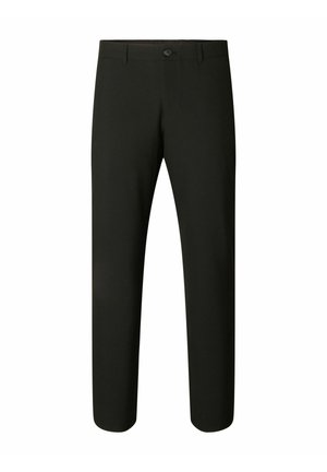 Black pants made of smooth fabric, featuring a button closure, tapered legs, and no visible patterns or embellishments.