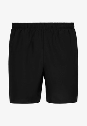 Zwarte sportshorts met een elastische tailleband, eenvoudig vlak ontwerp en glad, lichtgewicht stof. Geen zichtbare patronen of accenten.