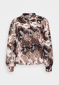 Blusa a maniche lunghe con motivo floreale in nero e crema, arricchita da accenti verdi e marroni, con chiusura a bottoni e colletto.