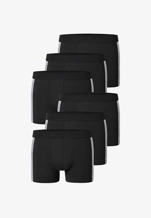 Czarny zestaw bokserek z bawełny, z miękkim paskiem w talii i białymi paskami po bokach. Pięć par ułożonych w stos.