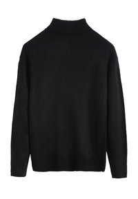 Pull noir en tricot avec un col montant côtelé. Comprend des manches longues ainsi que des poignets et un ourlet côtelés. Texture douce, coupe décontractée. Vue de dos présentée.