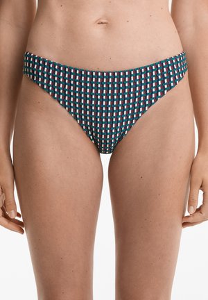 Patterned bikini bottom featuring a woven design with colors including teal, maroon, and white; low-rise fit with medium coverage.
