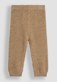 Braune gerippte Strickhose mit elastischem Bund und Bündchen, die eine strukturierte Oberfläche und schmal zulaufende Beine aufweist.