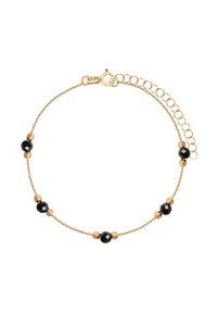 Złota bransoletka z łańcuszka z przemiennie ułożonymi czarnymi fasetowanymi koralikami i teksturowanymi akcentami w kolorze złotym, z regulowanym zapięciem.