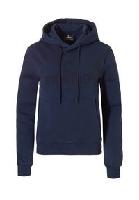 Donkerblauwe hoodie van een katoenmix. Voorzien van een voorzak in kangoeroe-stijl, een capuchon met trekkoord en een tonale logo over de borst. Zachte textuur.