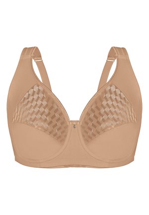 BH in Hautfarbe mit breiten Trägern, kariertem Netzmuster auf den oberen Cups und einem kleinen dekorativen Anhänger in der Mitte vorne.