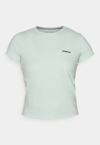 T-shirt manches courtes vert menthe en tissu doux, avec un col rond et un petit logo Patagonia noir sur la poitrine.