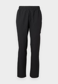 Schwarze, leichte Hosen mit einem elastischen Bund, geradem Bein-Design und strukturiertem Stoff, ohne sichtbare Verschlüsse oder Taschen.