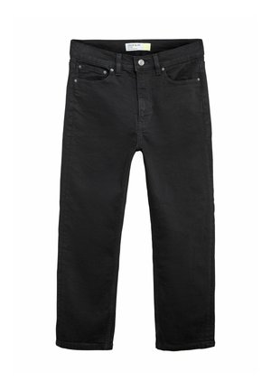 Schwarze, hochgeschnittene Slim-Fit-Jeans mit Knopf- und Reißverschluss, Gürtelschlaufen sowie vorne und hinten Taschen.