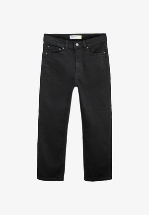 Fekete, rövidített, slim-fit farmernadrág gombos és cipzáros záródással, övtartókkal, valamint elülső és hátsó zsebekkel.