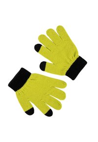 Une paire de gants en tricot jaunes avec des poignets noirs et des bouts noirs au pouce et à l'index pour une utilisation avec écran tactile.