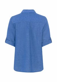 Blue button-up shirt with a collar, short rolled sleeves, and a soft, textured fabric. Back view shows a straight hem and yoke detail.