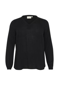 Blouse noire à manches longues avec un col en V et un subtil détail en découpe carrée au niveau du col, fabriquée en tissu léger et texturé.