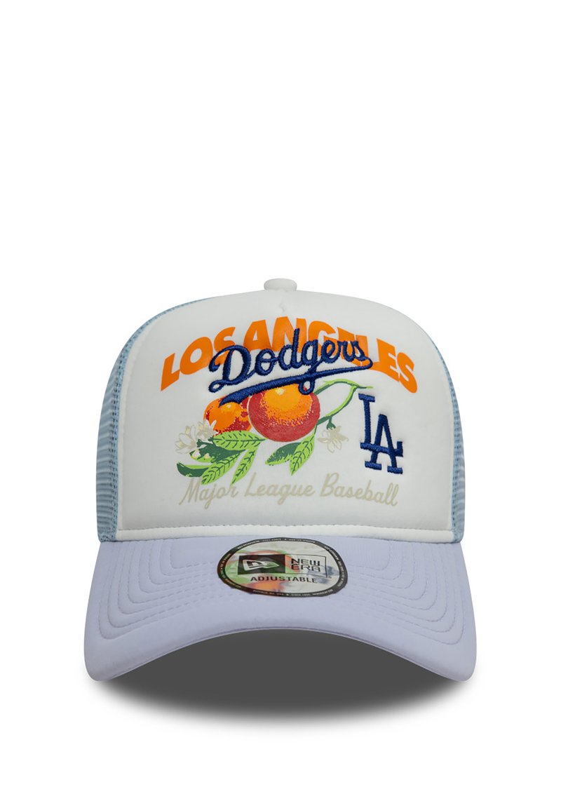 White baseball cap with blue mesh sides. Features orange "LOS ANGELES" and blue "Dodgers" text, orange fruit graphic, and "LA" logo. Adjustable strap.