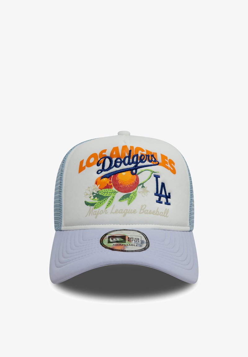 White baseball cap with blue mesh sides. Features orange "LOS ANGELES" and blue "Dodgers" text, orange fruit graphic, and "LA" logo. Adjustable strap.